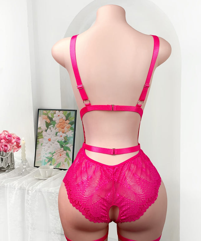 jkthpu-45 Plus Size Sexy Lace-Trimmed Open-Front Bodysuit - Pink