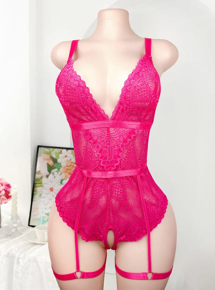 jkthpu-45 Plus Size Sexy Lace-Trimmed Open-Front Bodysuit - Pink
