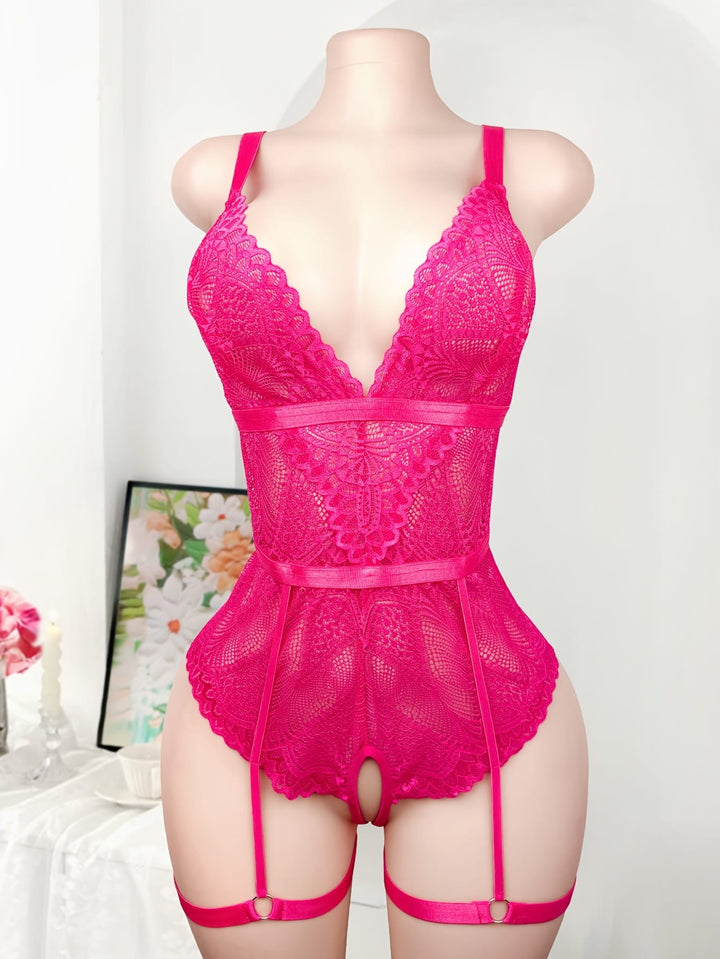 Plus Size Sexy Lace-Trimmed Open-Front Bodysuit - Pink