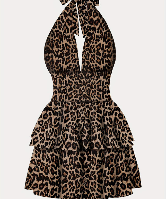 jkthpu-45 Plus Size - Sexy Leopard Print Mini Dress for Women - Backless Ruffled Hem, High-Stretch Polyester, Sleeveless Bodycon Dress with Tie-Back Detail for Spring Summer Fall Evening Parties