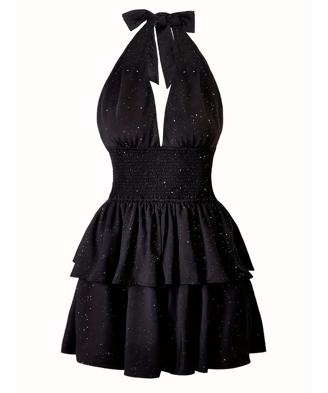 jkthpu-45 Plus Size - Sexy Leopard Print Mini Dress for Women - Backless Ruffled Hem, High-Stretch Polyester, Sleeveless Bodycon Dress with Tie-Back Detail for Spring Summer Fall Evening Parties