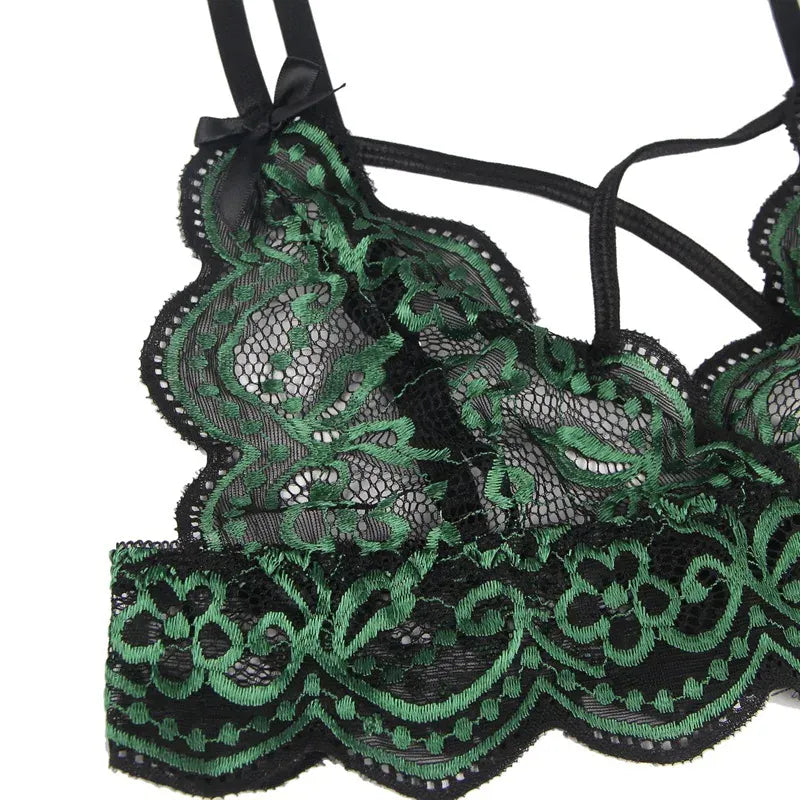 KissICON plus size sexy lingerie lace cross band embroidery decoration sexy bra panties lingerie set wholesale from M-5XL