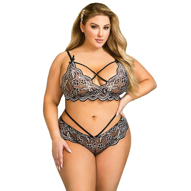 KissICON plus size sexy lingerie lace cross band embroidery decoration sexy bra panties lingerie set wholesale from M-5XL