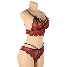 KissICON plus size sexy lingerie lace cross band embroidery decoration sexy bra panties lingerie set wholesale from M-5XL