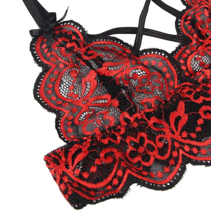 KissICON plus size sexy lingerie lace cross band embroidery decoration sexy bra panties lingerie set wholesale from M-5XL