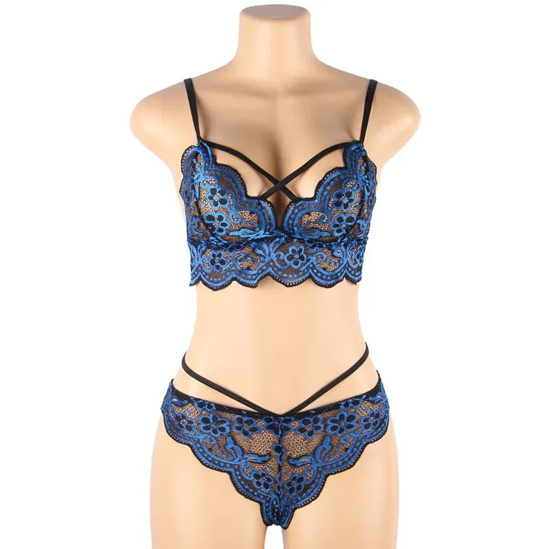 KissICON plus size sexy lingerie lace cross band embroidery decoration sexy bra panties lingerie set wholesale from M-5XL
