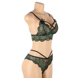 KissICON plus size sexy lingerie lace cross band embroidery decoration sexy bra panties lingerie set wholesale from M-5XL