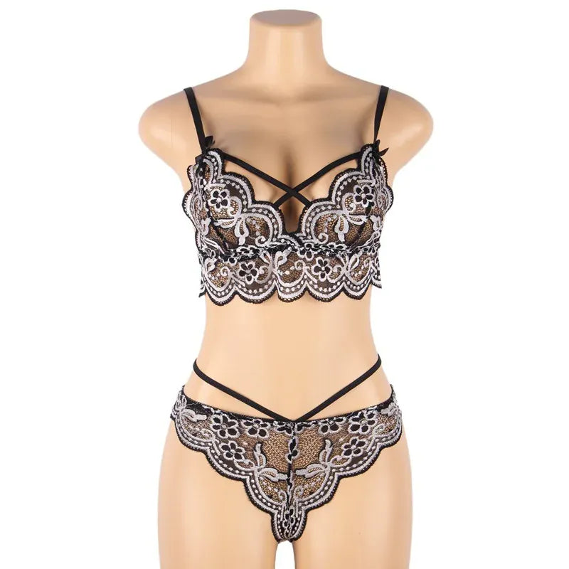 KissICON plus size sexy lingerie lace cross band embroidery decoration sexy bra panties lingerie set wholesale from M-5XL