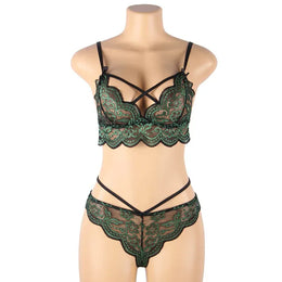 KissICON plus size sexy lingerie lace cross band embroidery decoration sexy bra panties lingerie set wholesale from M-5XL