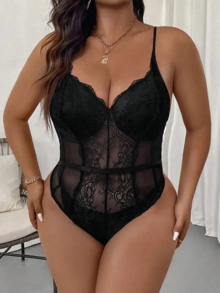 Plus Size Sexy Lingerie, Lace Transparent Bodysuit, Solid