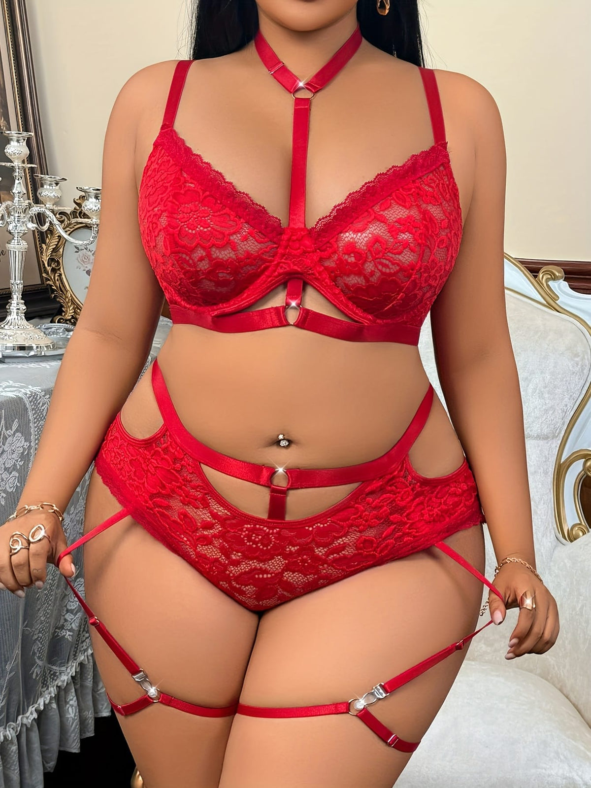 jkthpu-45 Plus Size Sexy Lingerie Set with Floral Lace Trim & Steel Ring - Red & Black Contrast Design, Adjustable Straps, Medium Stretch Fabric for Women, Adult Intimate Apparel, Intimate Enhancement, Elegant Intimate Wear, Durable Intimate Wear