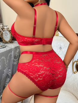 jkthpu-45 Plus Size Sexy Lingerie Set with Floral Lace Trim & Steel Ring - Red & Black Contrast Design, Adjustable Straps, Medium Stretch Fabric for Women, Adult Intimate Apparel, Intimate Enhancement, Elegant Intimate Wear, Durable Intimate Wear
