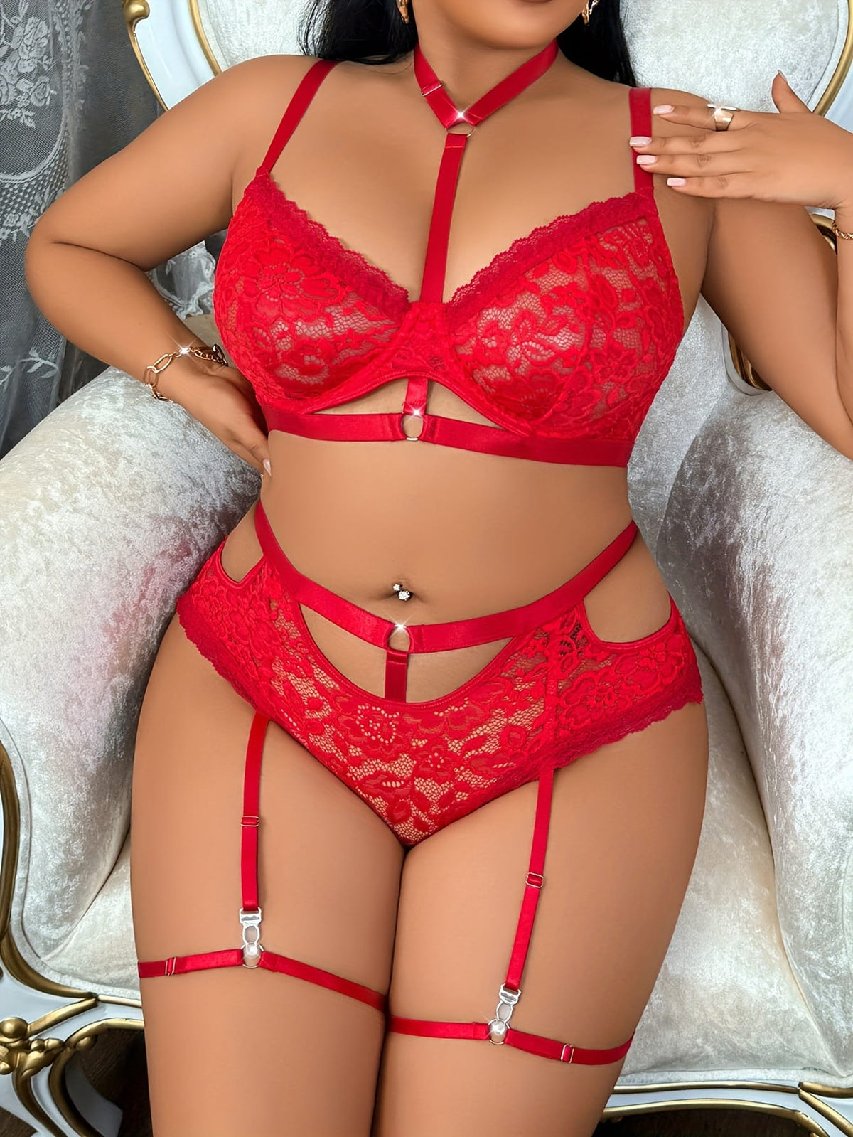 jkthpu-45 Plus Size Sexy Lingerie Set with Floral Lace Trim & Steel Ring - Red & Black Contrast Design, Adjustable Straps, Medium Stretch Fabric for Women, Adult Intimate Apparel, Intimate Enhancement, Elegant Intimate Wear, Durable Intimate Wear