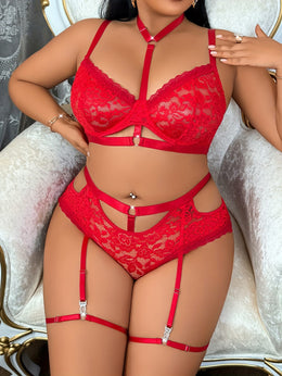 jkthpu-45 Plus Size Sexy Lingerie Set with Floral Lace Trim & Steel Ring - Red & Black Contrast Design, Adjustable Straps, Medium Stretch Fabric for Women, Adult Intimate Apparel, Intimate Enhancement, Elegant Intimate Wear, Durable Intimate Wear