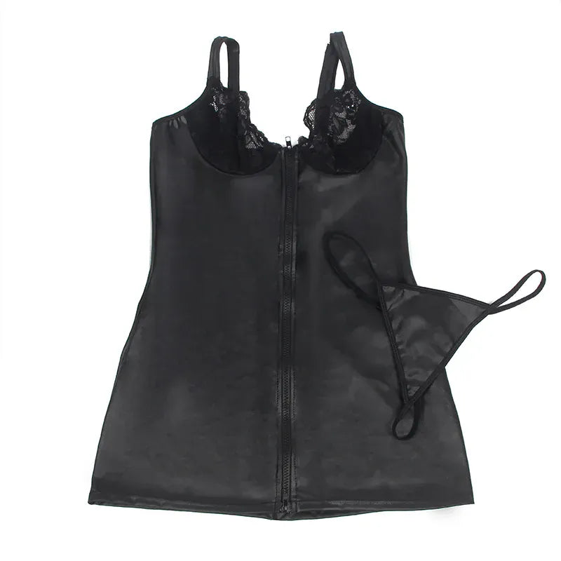 KissICON Plus Size Sexy woman zipper open faxu leather PU Dress lingerie set Clubwear night wear Hot from M-5XL