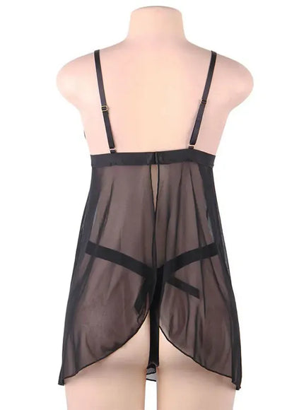 KissICON Plus Size Sexy women black mesh transparent babydoll chemise nighgown sleepwear lingerie Set from M-5XL
