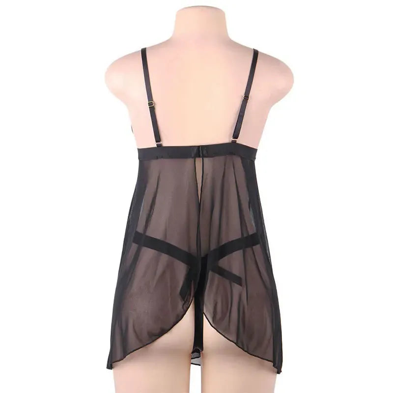KissICON Plus Size Sexy women black mesh transparent babydoll chemise nighgown sleepwear lingerie Set from M-5XL