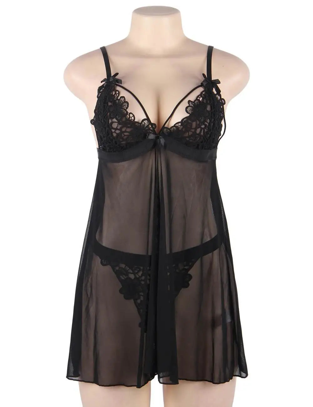 KissICON Plus Size Sexy women black mesh transparent babydoll chemise nighgown sleepwear lingerie Set from M-5XL