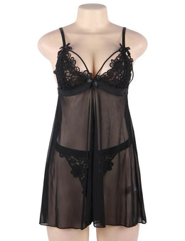 KissICON Plus Size Sexy women black mesh transparent babydoll chemise nighgown sleepwear lingerie Set from M-5XL
