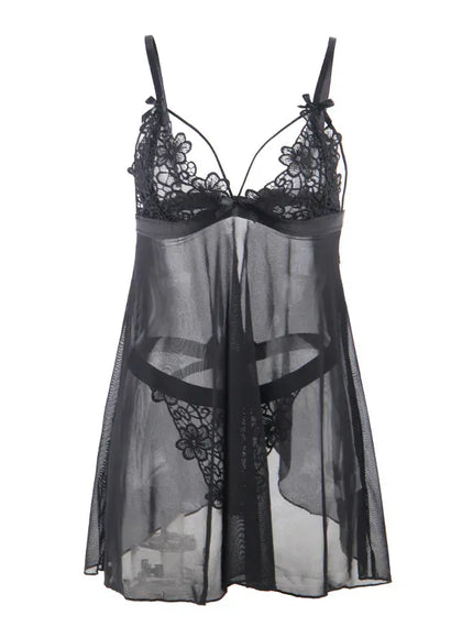 KissICON Plus Size Sexy women black mesh transparent babydoll chemise nighgown sleepwear lingerie Set from M-5XL