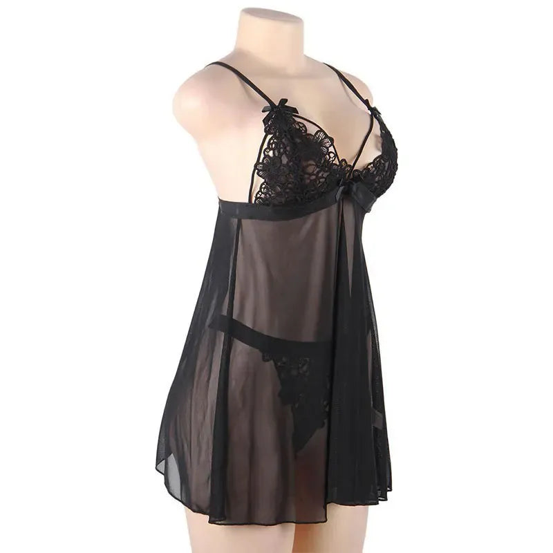 KissICON Plus Size Sexy women black mesh transparent babydoll chemise nighgown sleepwear lingerie Set from M-5XL