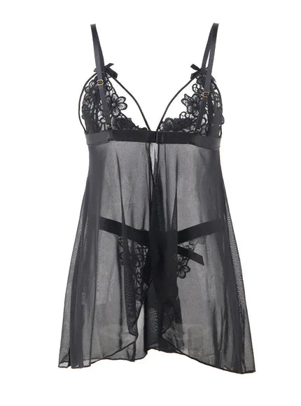 KissICON Plus Size Sexy women black mesh transparent babydoll chemise nighgown sleepwear lingerie Set from M-5XL