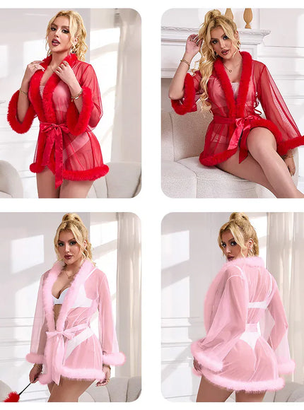 KissICON Plus Size  Sheer Mesh Women's Robe Sets See Through Nightgowns Elegant Sleepwear Sexy Lingerie Sets with Soft Fur Edge Rolling