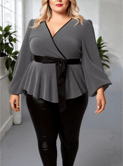 KissICON Plus Size Silver Glitter Wrap Blouse with Tie Waist – Party Ready Elegance