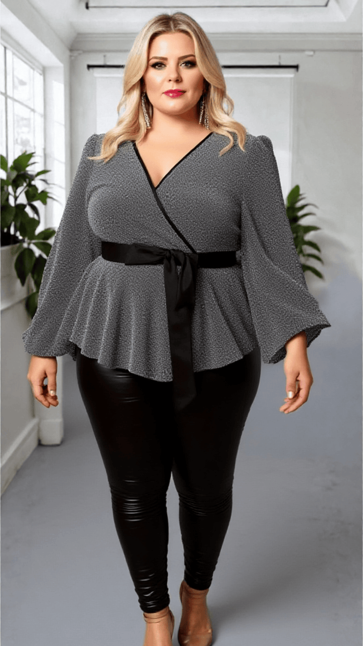 Plus Size Silver Glitter Wrap Blouse with Tie Waist – Party Ready Elegance