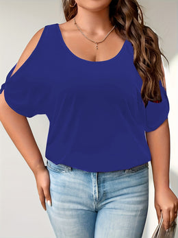 KissICON Plus Size Solid Cold Shoulder Women's Casual Crew Neck Short Sleeve T-Shirt