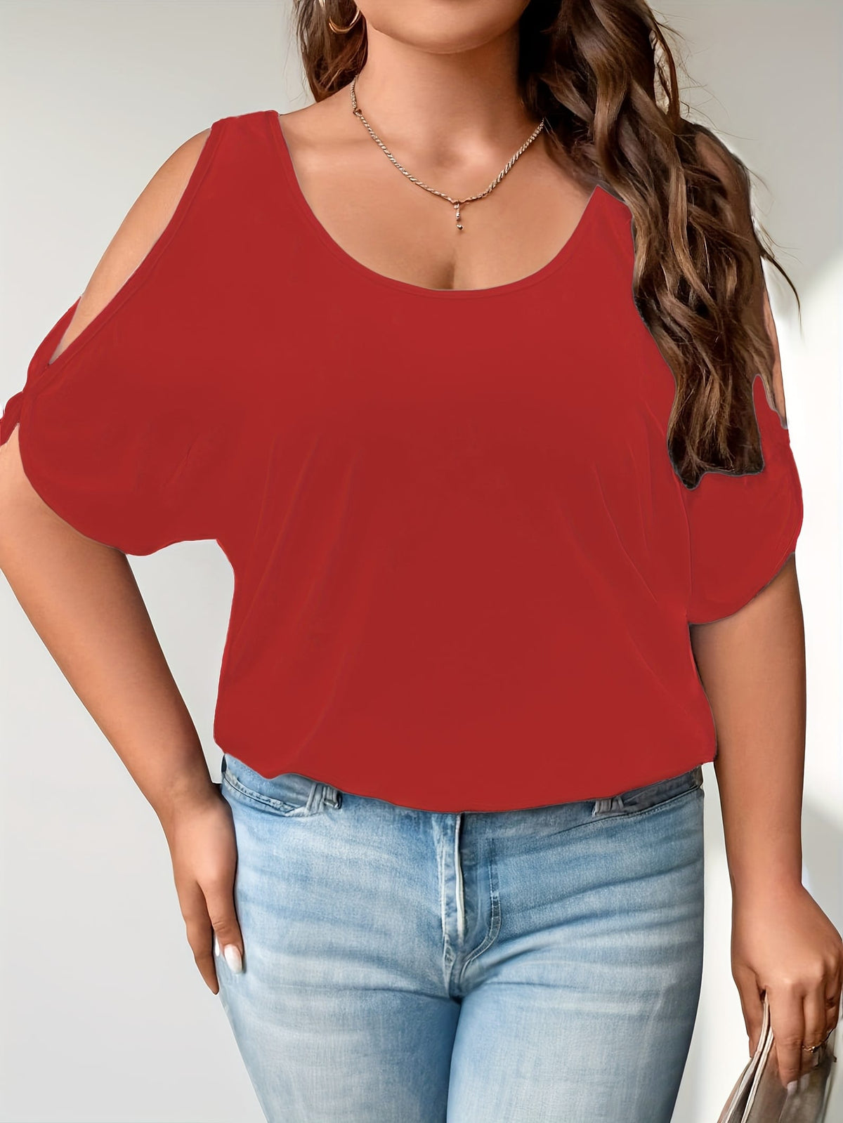 KissICON Plus Size Solid Cold Shoulder Women's Casual Crew Neck Short Sleeve T-Shirt