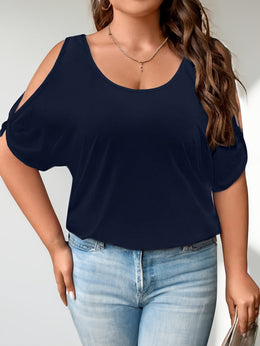 KissICON Plus Size Solid Cold Shoulder Women's Casual Crew Neck Short Sleeve T-Shirt