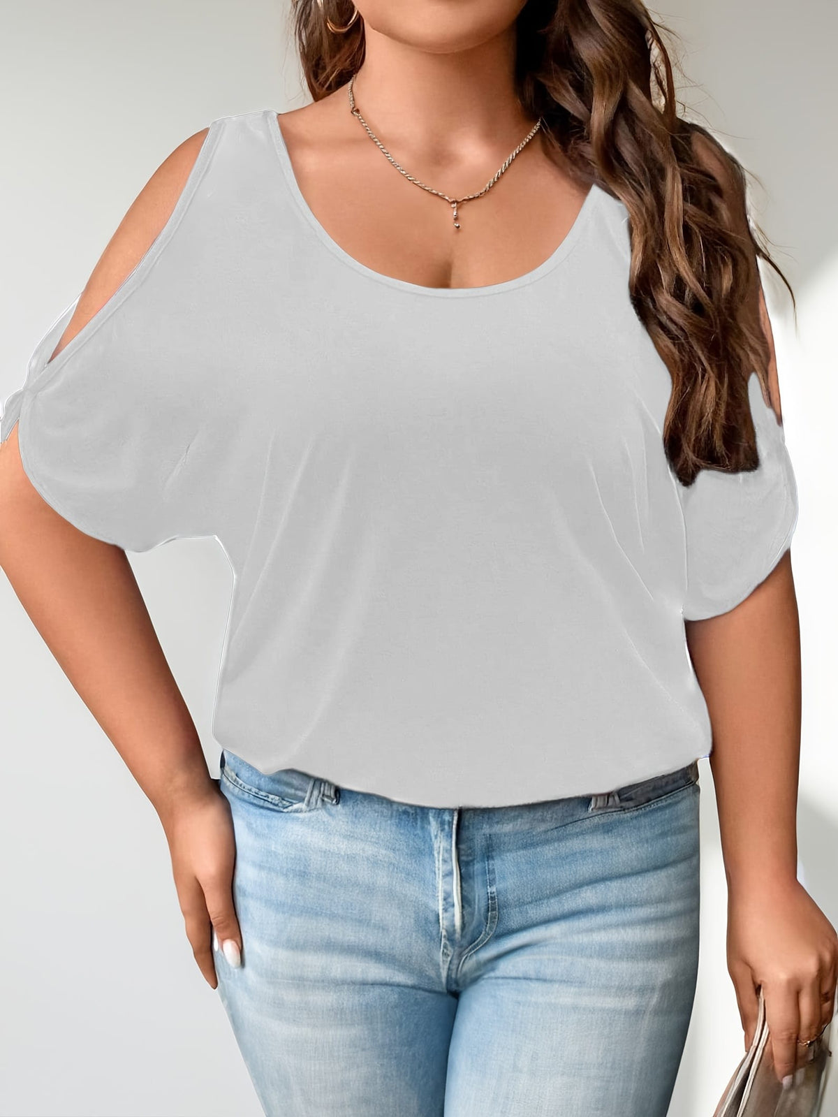 KissICON Plus Size Solid Cold Shoulder Women's Casual Crew Neck Short Sleeve T-Shirt