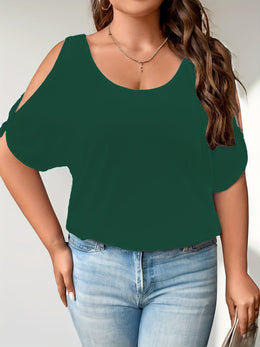 KissICON Plus Size Solid Cold Shoulder Women's Casual Crew Neck Short Sleeve T-Shirt