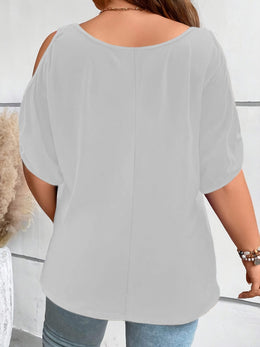 KissICON Plus Size Solid Cold Shoulder Women's Casual Crew Neck Short Sleeve T-Shirt