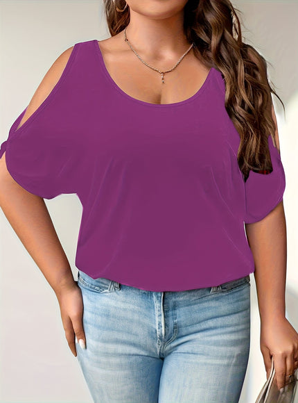 KissICON Plus Size Solid Cold Shoulder Women's Casual Crew Neck Short Sleeve T-Shirt
