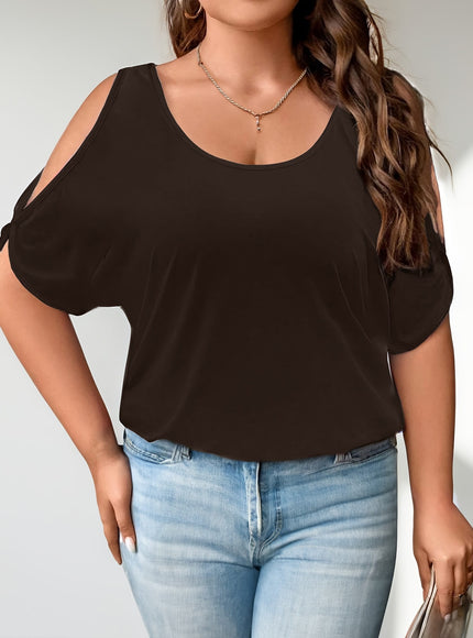 KissICON Plus Size Solid Cold Shoulder Women's Casual Crew Neck Short Sleeve T-Shirt