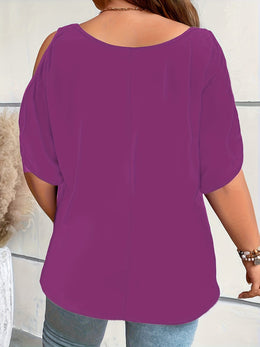 KissICON Plus Size Solid Cold Shoulder Women's Casual Crew Neck Short Sleeve T-Shirt