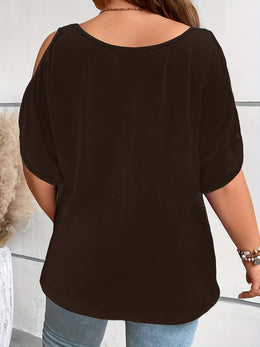 KissICON Plus Size Solid Cold Shoulder Women's Casual Crew Neck Short Sleeve T-Shirt