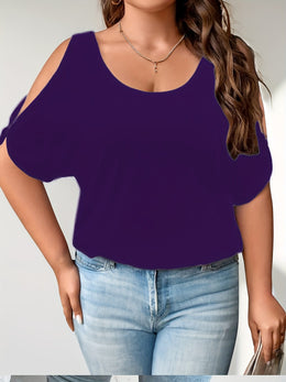 KissICON Plus Size Solid Cold Shoulder Women's Casual Crew Neck Short Sleeve T-Shirt