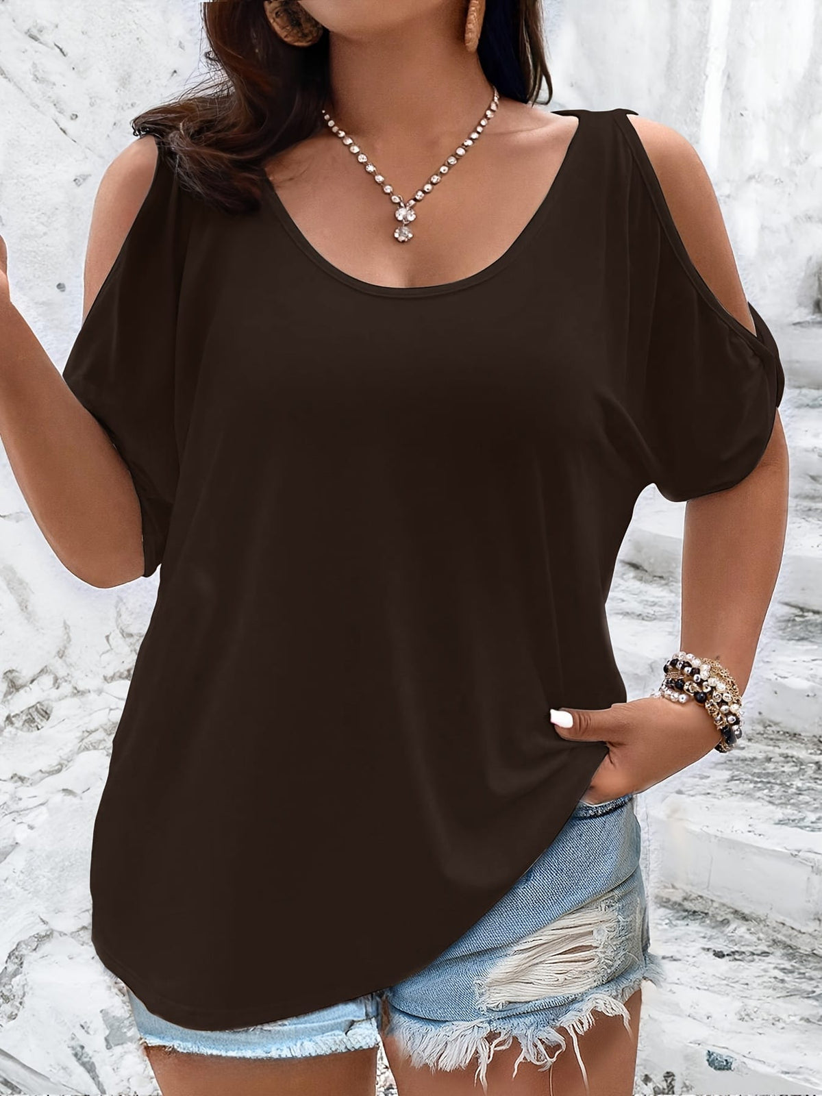 KissICON Plus Size Solid Cold Shoulder Women's Casual Crew Neck Short Sleeve T-Shirt