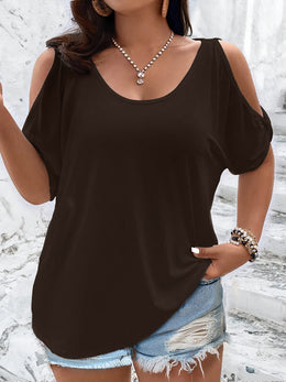 KissICON Plus Size Solid Cold Shoulder Women's Casual Crew Neck Short Sleeve T-Shirt