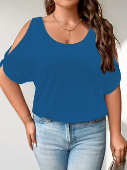 KissICON Plus Size Solid Cold Shoulder Women's Casual Crew Neck Short Sleeve T-Shirt