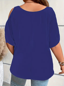 KissICON Plus Size Solid Cold Shoulder Women's Casual Crew Neck Short Sleeve T-Shirt