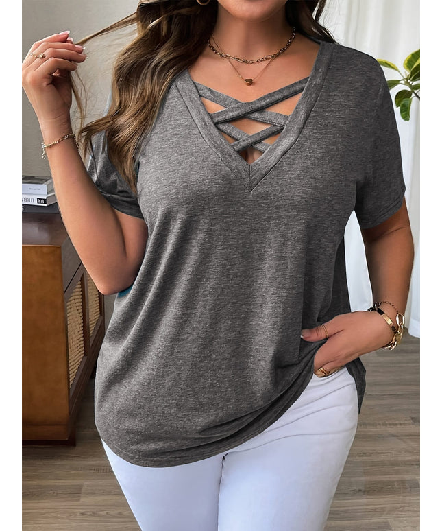 KissICON Plus Size Solid Color Casual T-Shirt with a Crossover V-Neck And Short Sleeves for Summer.