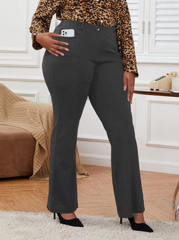 jkthpu-45 Plus Size Solid High Rise Tailored Work Pants