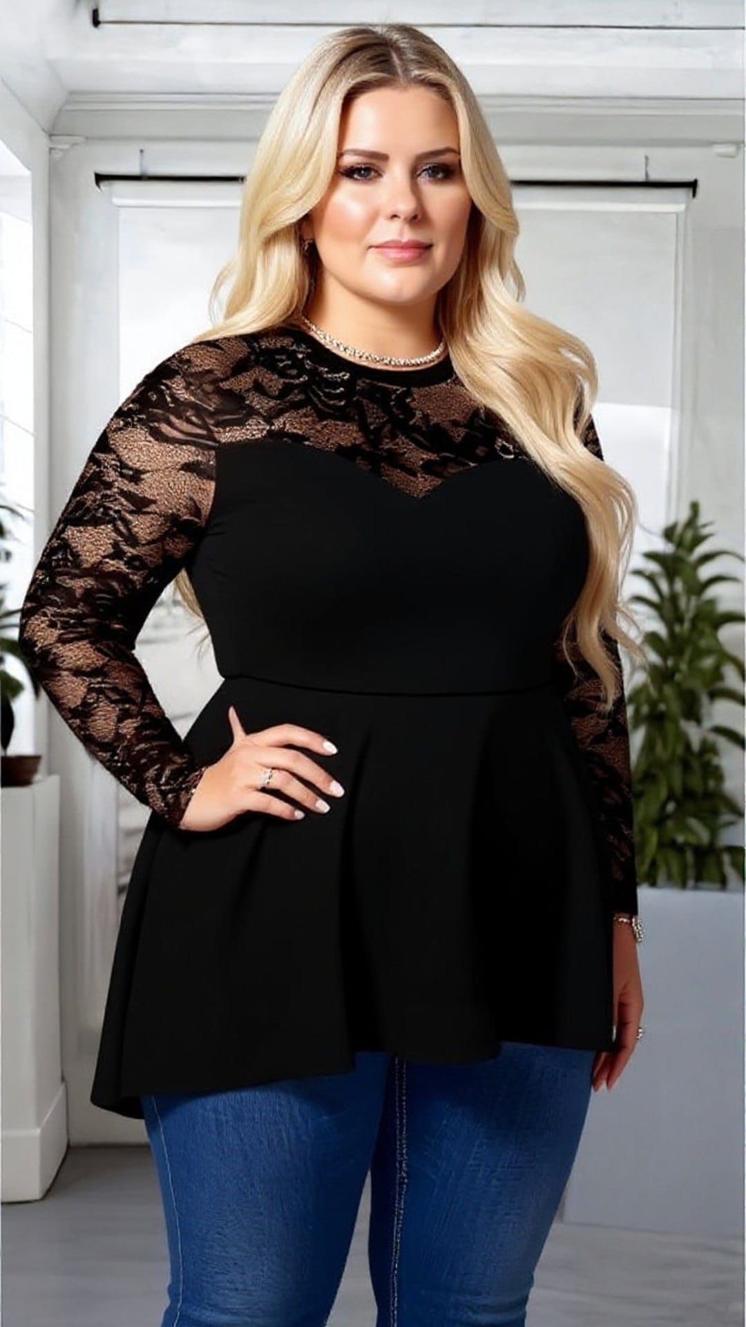 KissICON Plus Size Solid Lace Long Sleeve Tunic Top with Asymmetrical Hem