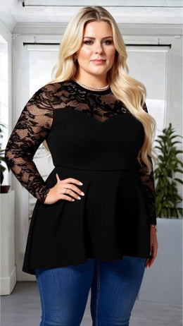 KissICON Plus Size Solid Lace Long Sleeve Tunic Top with Asymmetrical Hem