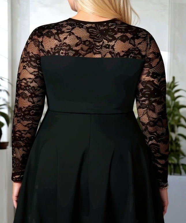 KissICON Plus Size Solid Lace Long Sleeve Tunic Top with Asymmetrical Hem
