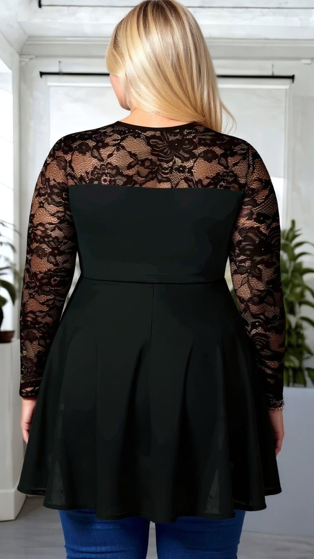 KissICON Plus Size Solid Lace Long Sleeve Tunic Top with Asymmetrical Hem
